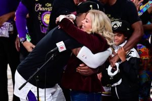 LeBron James/ Jeanie Buss/Los Angeles Lakers/ Lakers/ LeBron James Jersey Retirement/Landon Buford The Journalist/LandonBuford.com