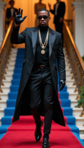 Fashion-forward Black male model in a sleek black coat with asymmetrical hem, layered necklaces, and leather gloves, descending a staircase in a gala-inspired setting.