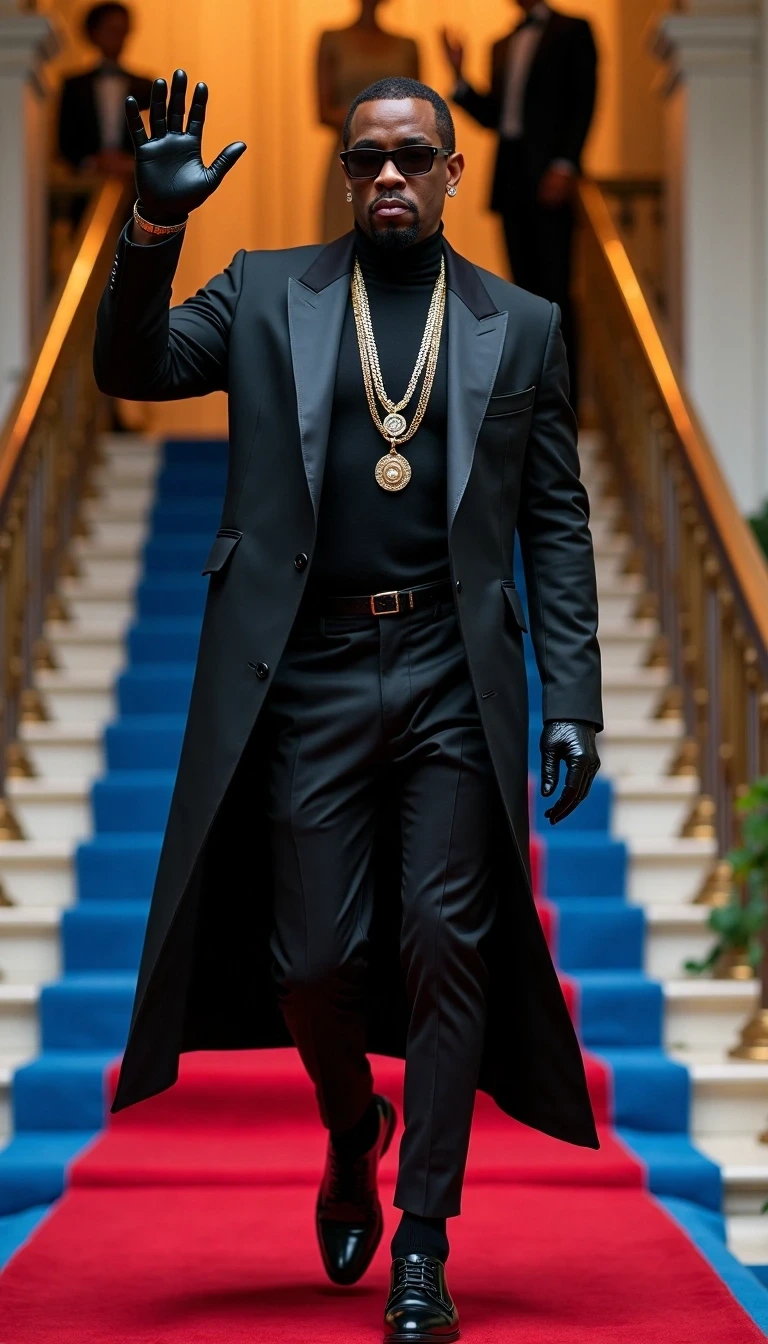 Fashion-forward Black male model in a sleek black coat with asymmetrical hem, layered necklaces, and leather gloves, descending a staircase in a gala-inspired setting.