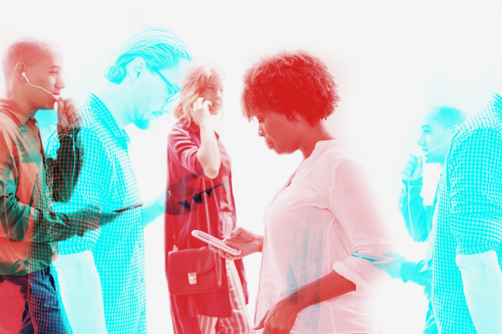 People using digital devices smart technology in double color ex