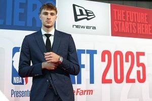 Cooper Flagg poses confidently on the red carpet before the 2025 NBA Draft at Barclays Center in New York City. LandonBuford.com