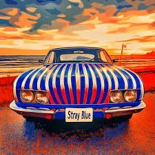 A stylized, brightly colored image of a vintage car with bold blue and white stripes parked near the ocean at sunset, with a license plate reading "Stray Blue." LandonBuford.com