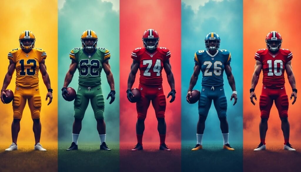 Five digitally rendered NFL players in full uniform stand confidently against vibrant colored backgrounds, representing various teams and positions as symbolic figures of NFL performance. LandonBuford.com