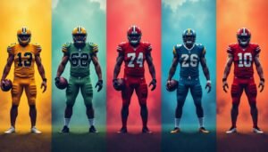 Five digitally rendered NFL players in full uniform stand confidently against vibrant colored backgrounds, representing various teams and positions as symbolic figures of NFL performance. LandonBuford.com