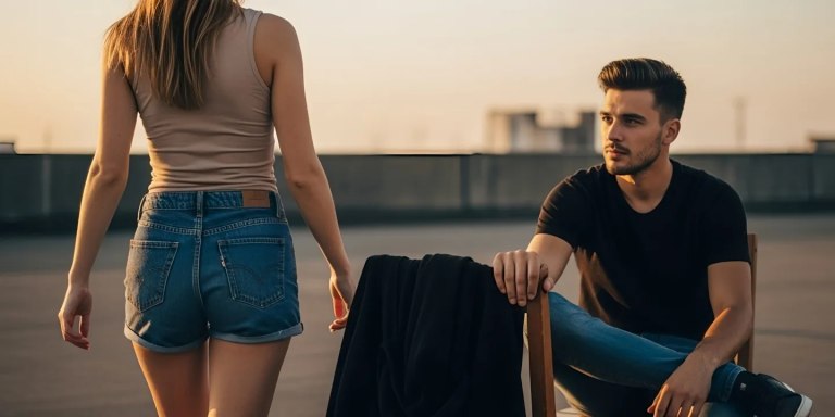 A young man sits on a chair gazing emotionally at a woman walking away, set against the backdrop of a sunset-lit rooftop. LandonBuford.com