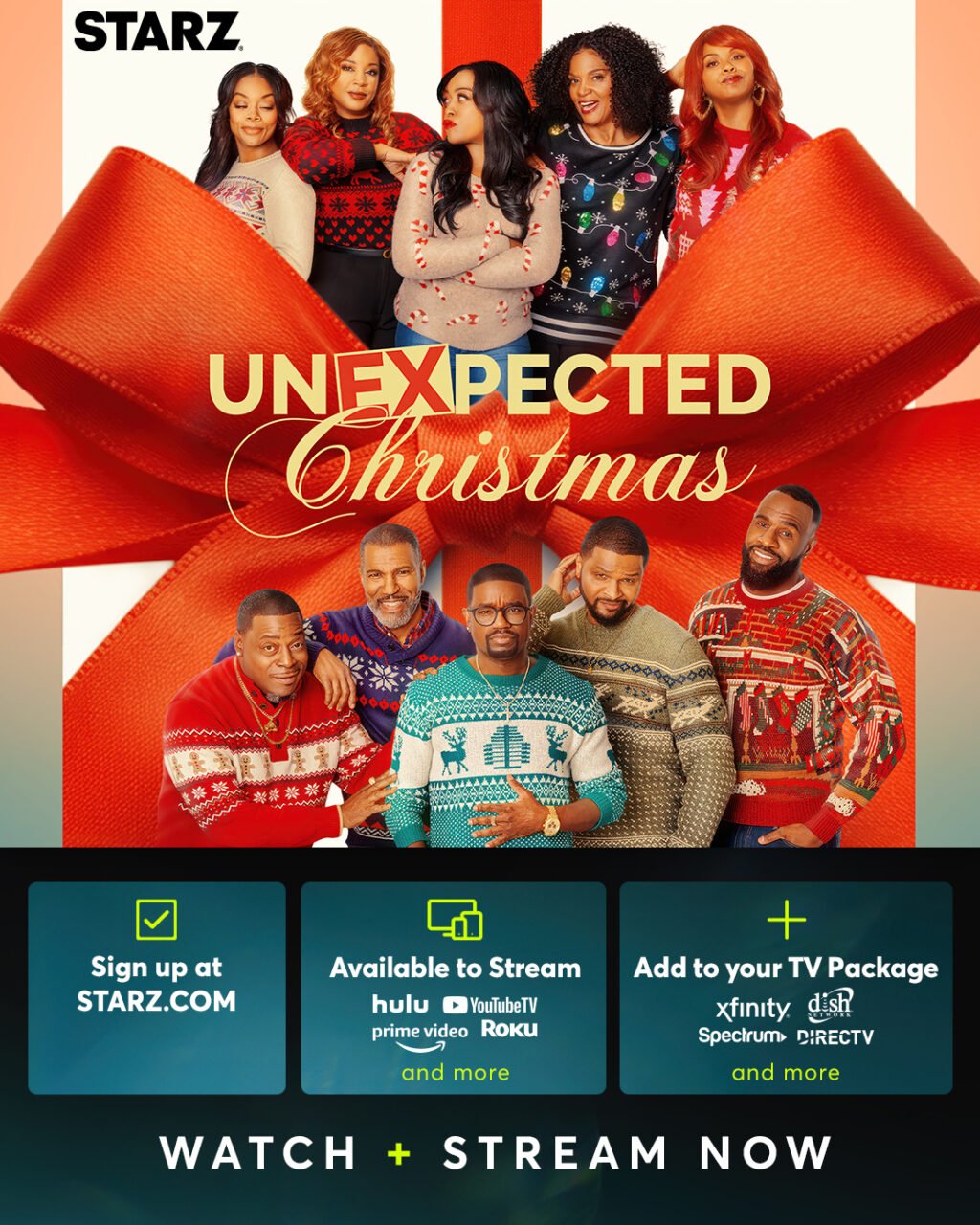 Cast members of Unexpected Christmas gathered in a tense yet comedic family holiday scene.