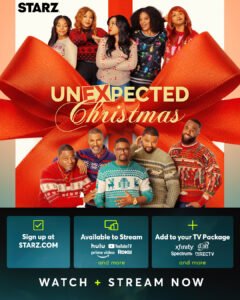 Cast members of Unexpected Christmas gathered in a tense yet comedic family holiday scene.
