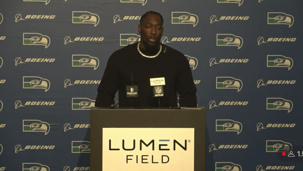 DeMarcus Lawrence reacts during a Seahawks defensive stand after the shutout win over the Vikings.