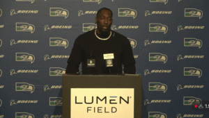 DeMarcus Lawrence reacts during a Seahawks defensive stand after the shutout win over the Vikings.