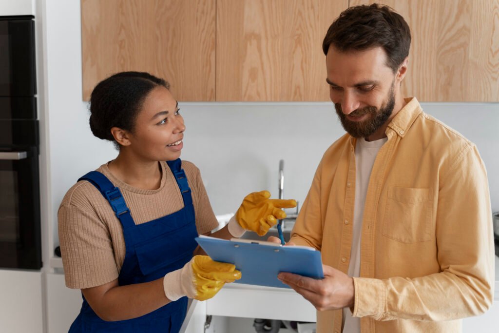 Housekeeper cleaning a modern hotel room in San Diego.