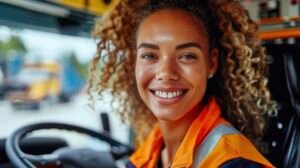 Professional driver conducting a pre-trip vehicle inspection before starting a work shift