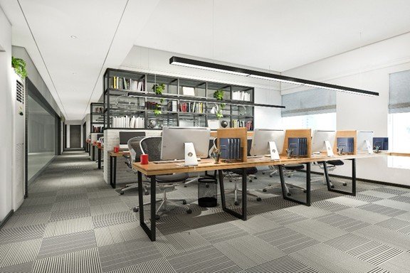 Modern office interior with collaborative spaces and ample natural light