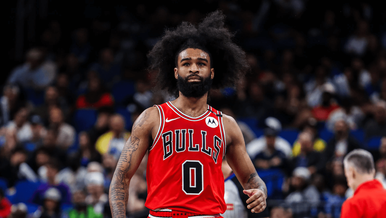 Coby White in a Chicago Bulls jersey during an NBA game before being traded to the Charlotte Hornets