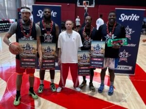 Team Havoc celebrates after winning the LA Clippers 3v3 City of Stars Tournament at Intuit Dome.