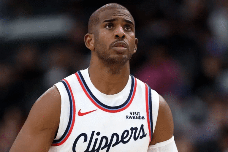 Chris Paul during an NBA game amid reports of uncertain future after trade to Raptors