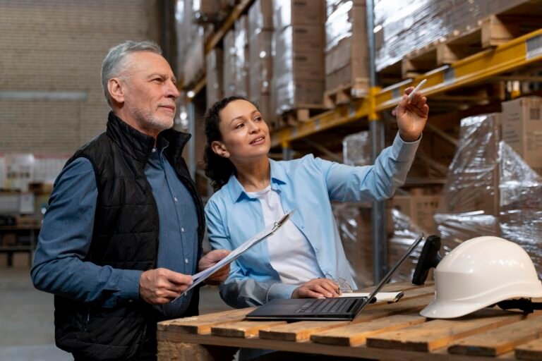 Warehouse manager reviewing digital logistics data on a tablet in a modern distribution center.