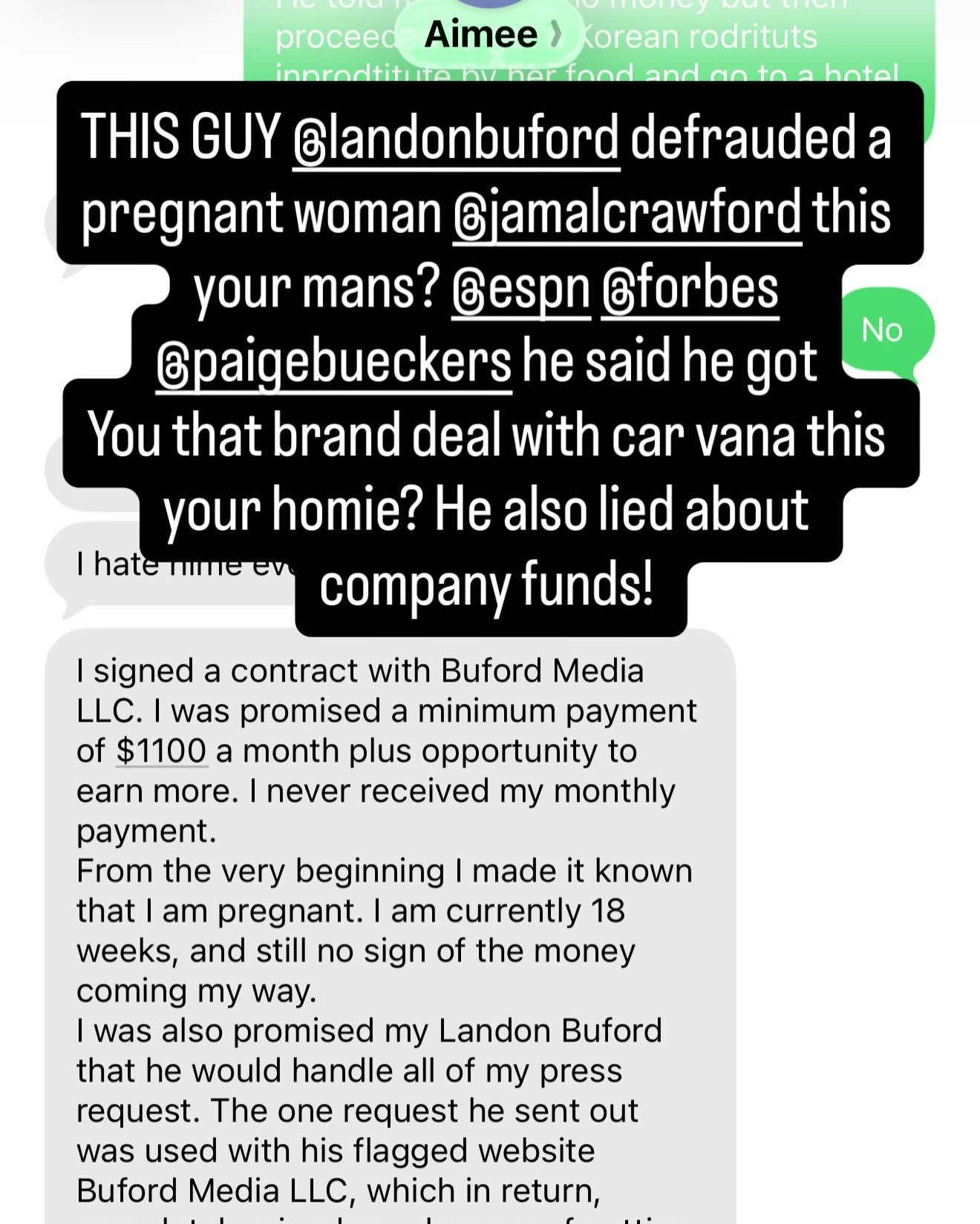Landon Buford Who Got Paige Bueckers her Carvana Deal which she Denies in screenshot Also defrauded a pregnant woman and paid two photographers $100 but couldn’t pay business partner